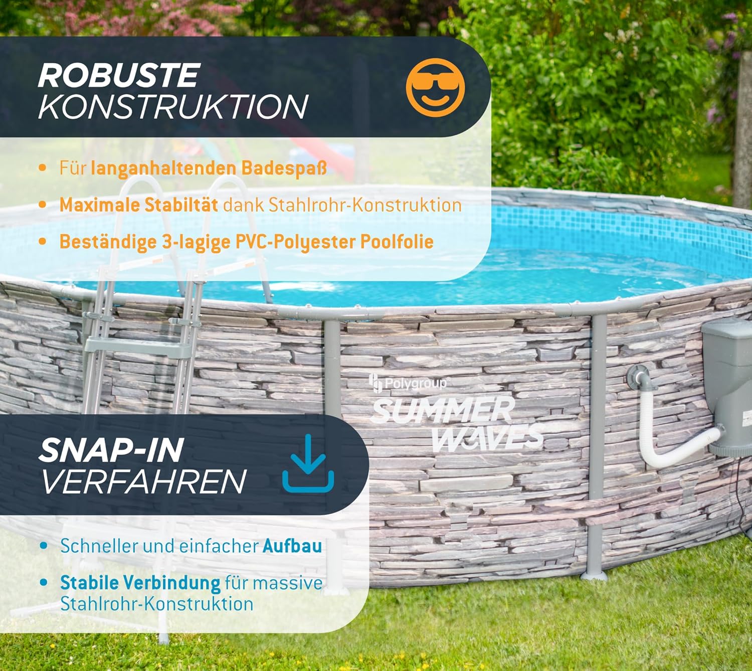 Summer Waves - Frame Pool Kit rond - 427x107 cm - aspect pierre grise, pompe à filtre