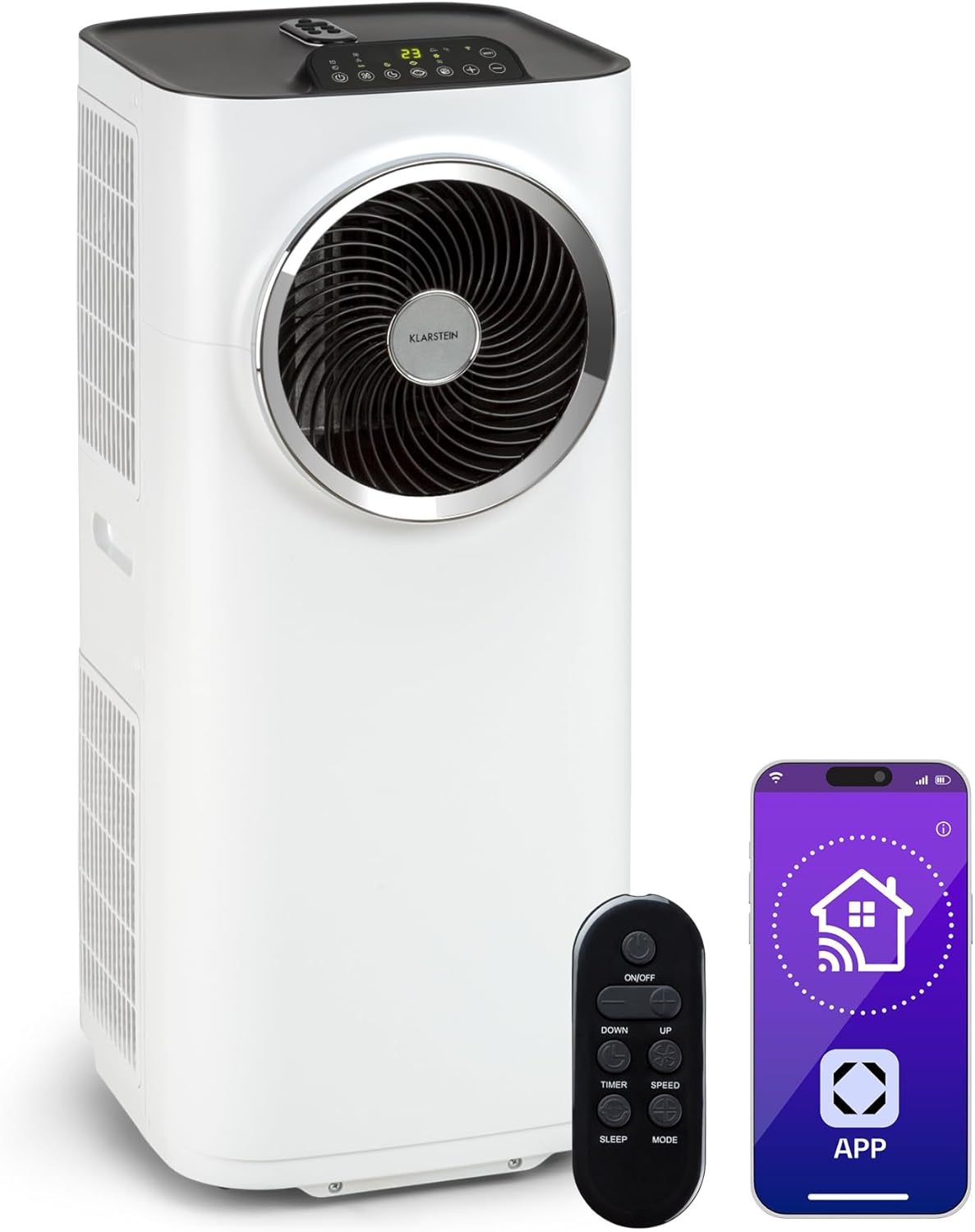 Klarstein Kraftwerk Smart 12K Climatiseur Mobile - 12,000 BTU, 35-59 m², WiFi & App Control, Silencieux 50 dB, Déshumidificateur, Ventilation 3 Niveaux, Minuterie 24h, R290, Tuyau Inclus, Blanc