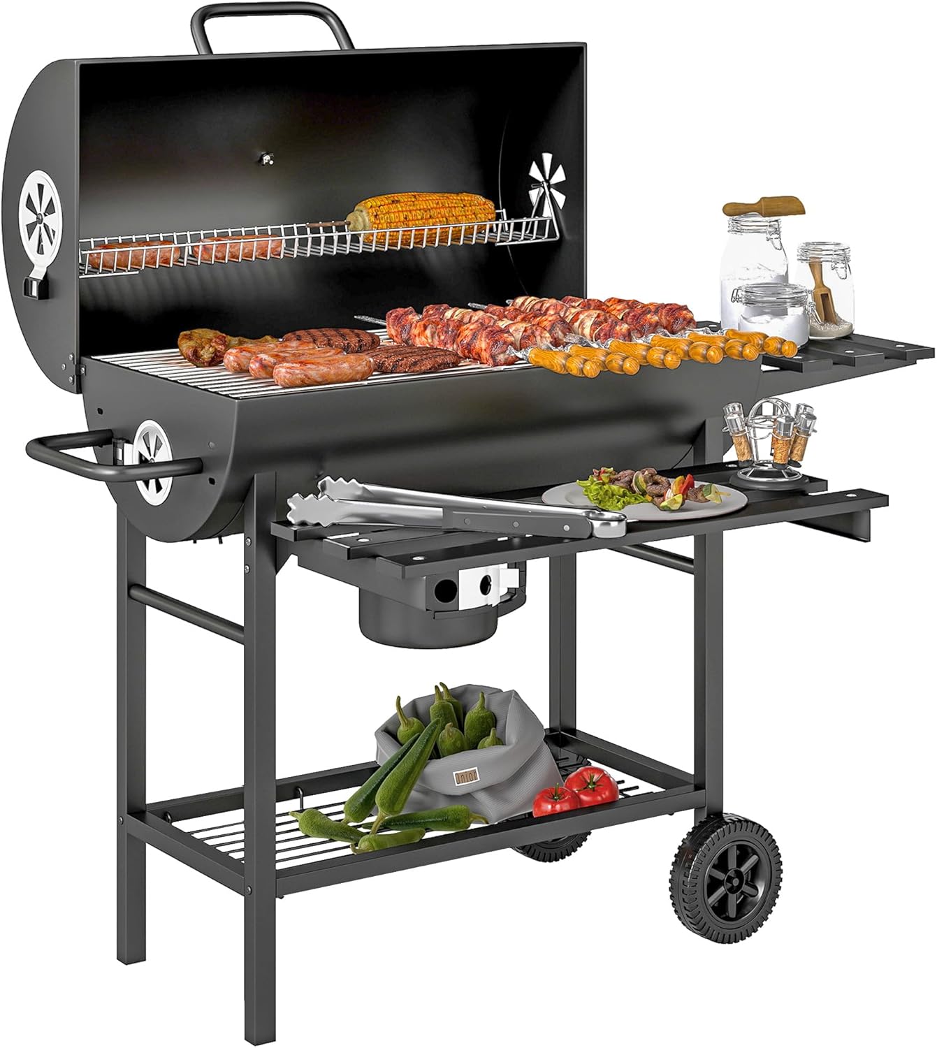 Outsunny - barbecue charbon de bois - grande taille - grille, couvercle thermomètre, roues, tablette pliable