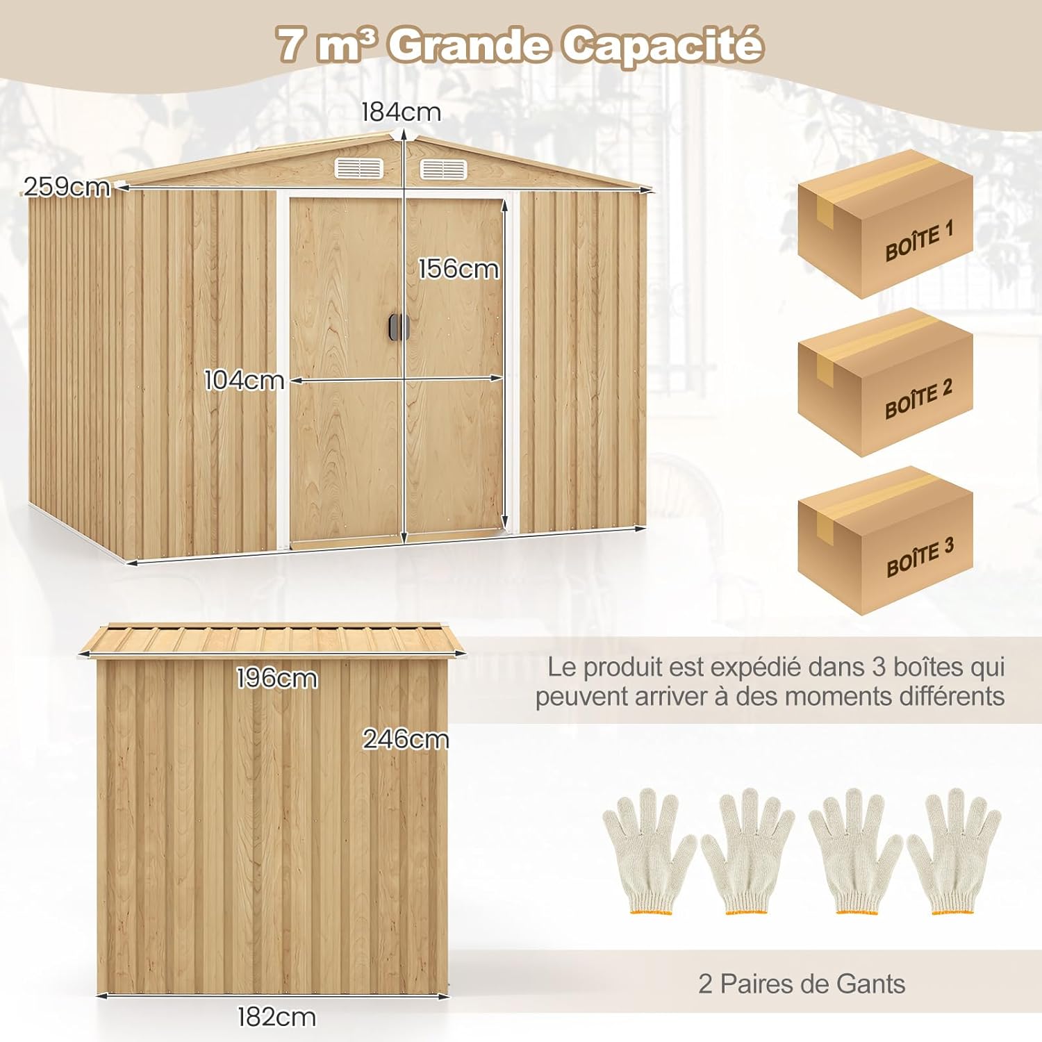 COSTWAY - Abri de jardin acier 259x196x184cm porte coulissante 5m²