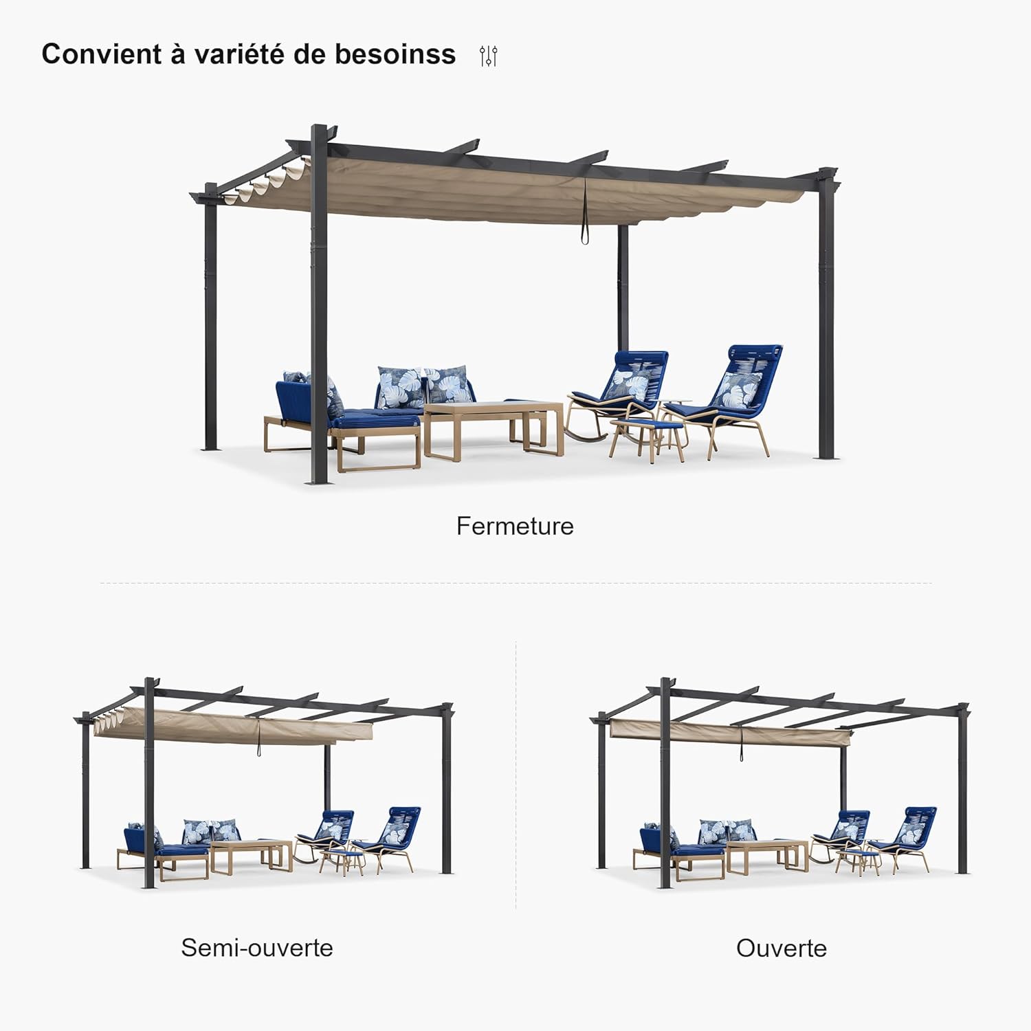 PURPLE LEAF - pergola aluminium série LED - 4,8x3,5 m - toit rétractable, structure résistante, kaki