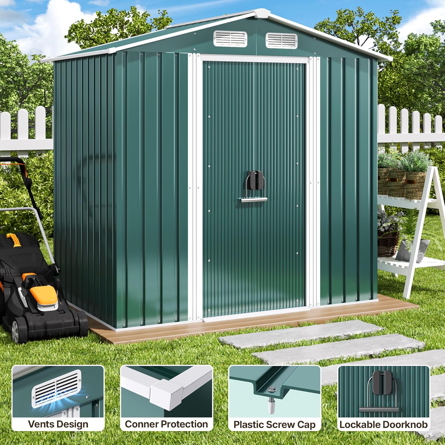 Xbro Abri de jardin en métal 184 x 119 x 186 cm, avec toit en pente et porte coulissante, abri à outils avec serrure et gants (vert)