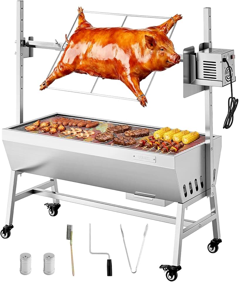 VEVOR - Barbecue à charbon avec tournebroche, 7 hauteurs, 60kg, 38W, inox