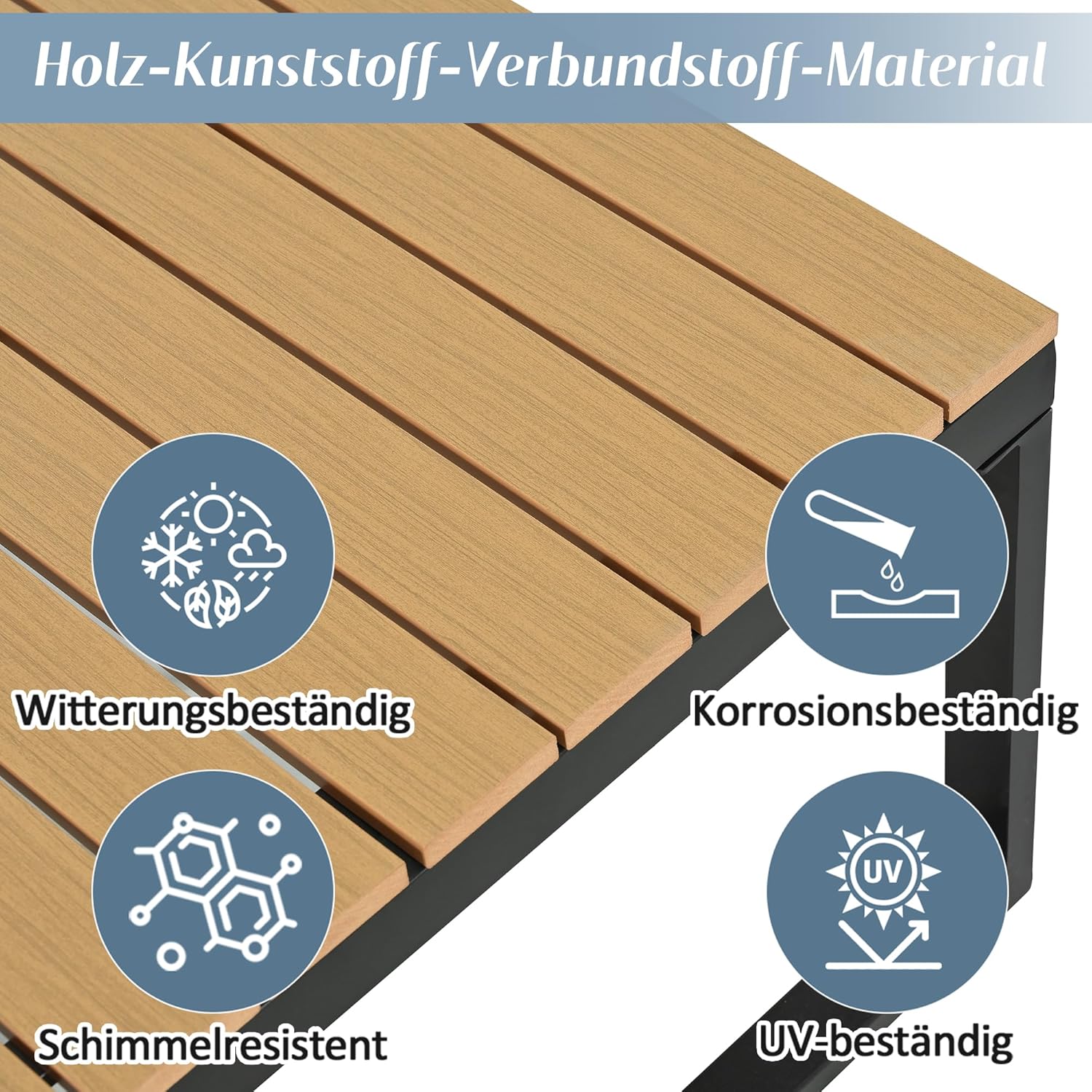 Sapgaks - Ensemble salon jardin inclinable 5 positions - structure acier, plateau bois-plastique, table incluse - gris/n