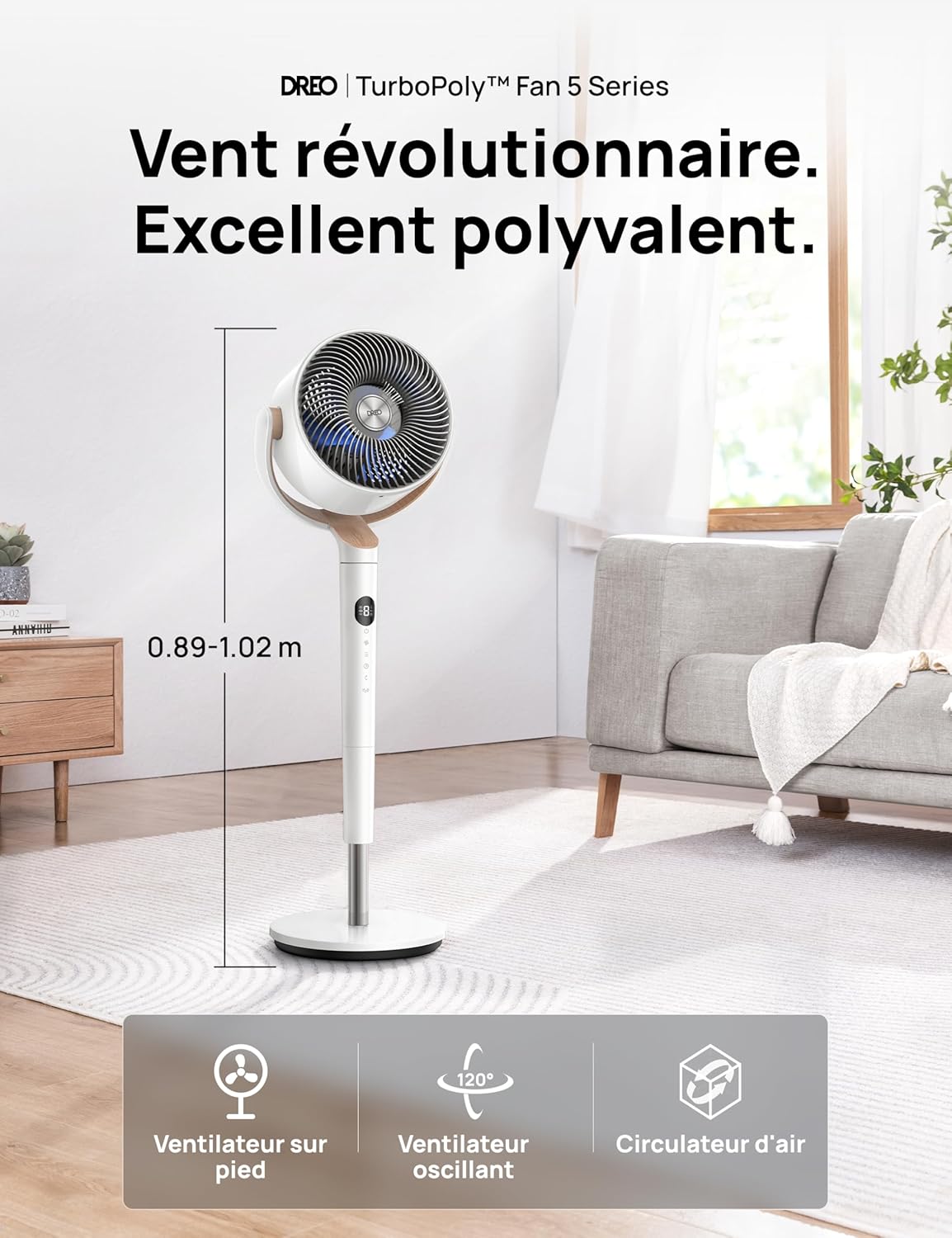 DREO ventilateur sur pied silencieux 20 dB avec oscillation omnidirectionnelle 120°+120°, portée du vent 26 m, débit d’air 1615 m³/h, circulateur Turbo, hauteur réglable 94–107 cm, 3 modes, 8 vitesses