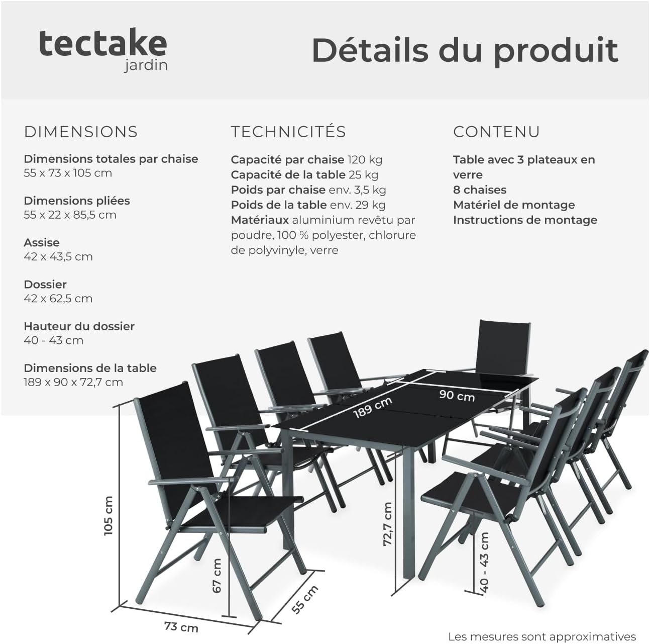 tectake - Salon de jardin aluminium, 8 fauteuils pliables, table, facile à entretenir
