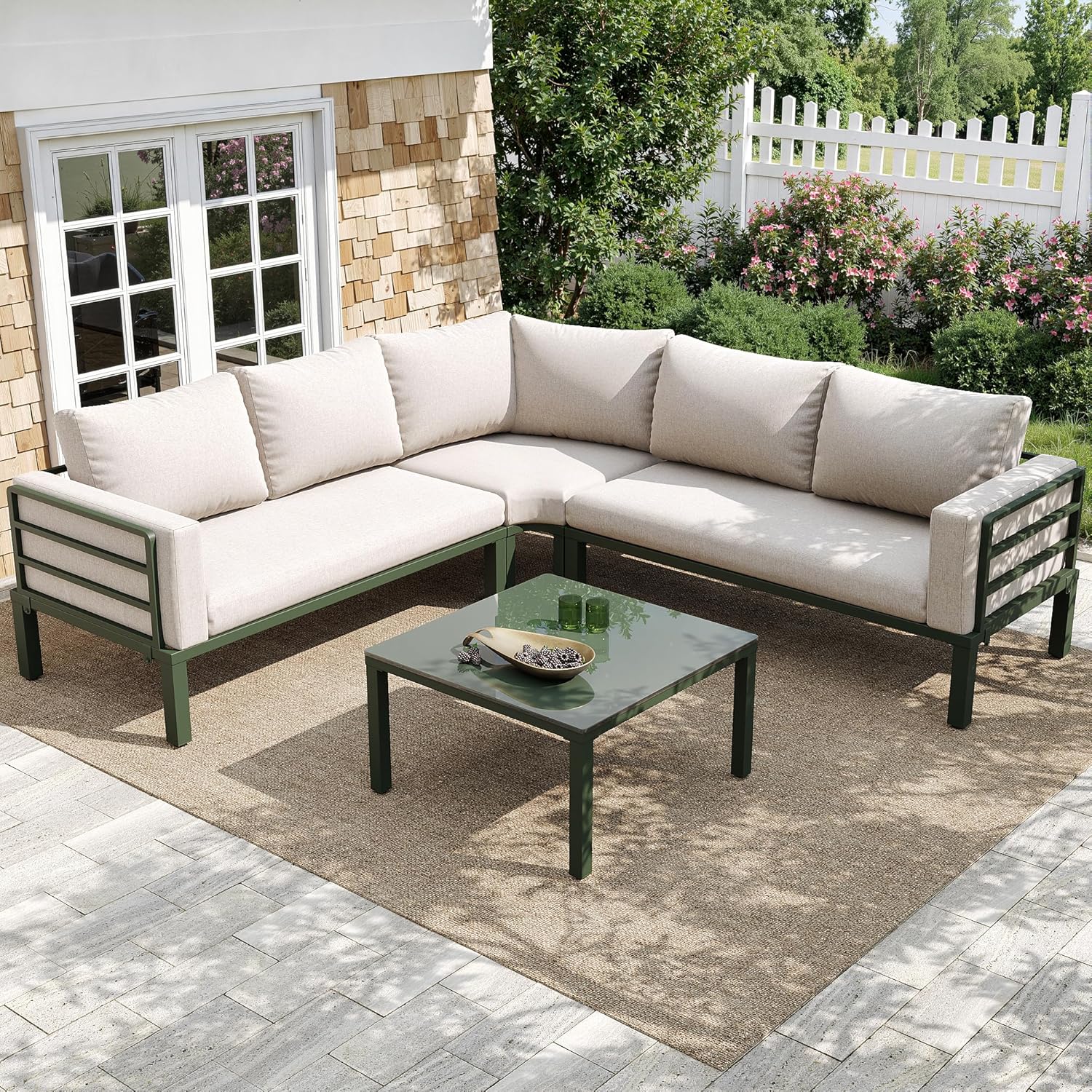 Sapgaks - Salon de jardin D-Beige, fer galvanisé, 4-5 pers., coussins