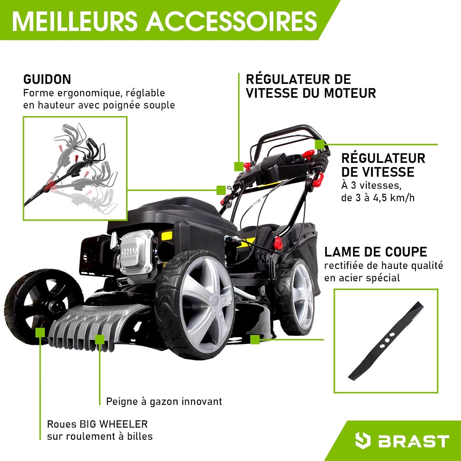 BRAST Tondeuse Thermique tractée démarrage électrique 170ccm 3,5kW (4,76 CV) 46 cm Coupe 30-80, Vitesse d'entraînement Triple réglable 60 l Moteur 4 Temps, 4en 1, châssis en tôle d'acier