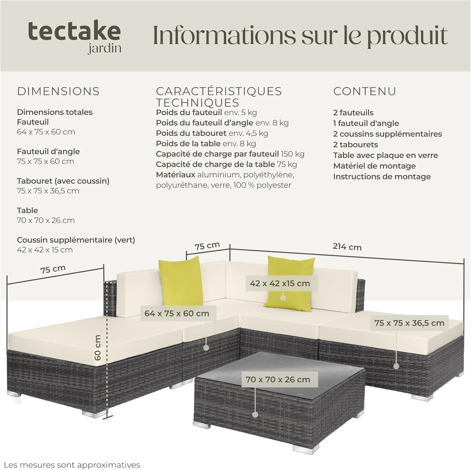tectake - Salon de jardin XXL modulable 5 places avec table, poly rotin