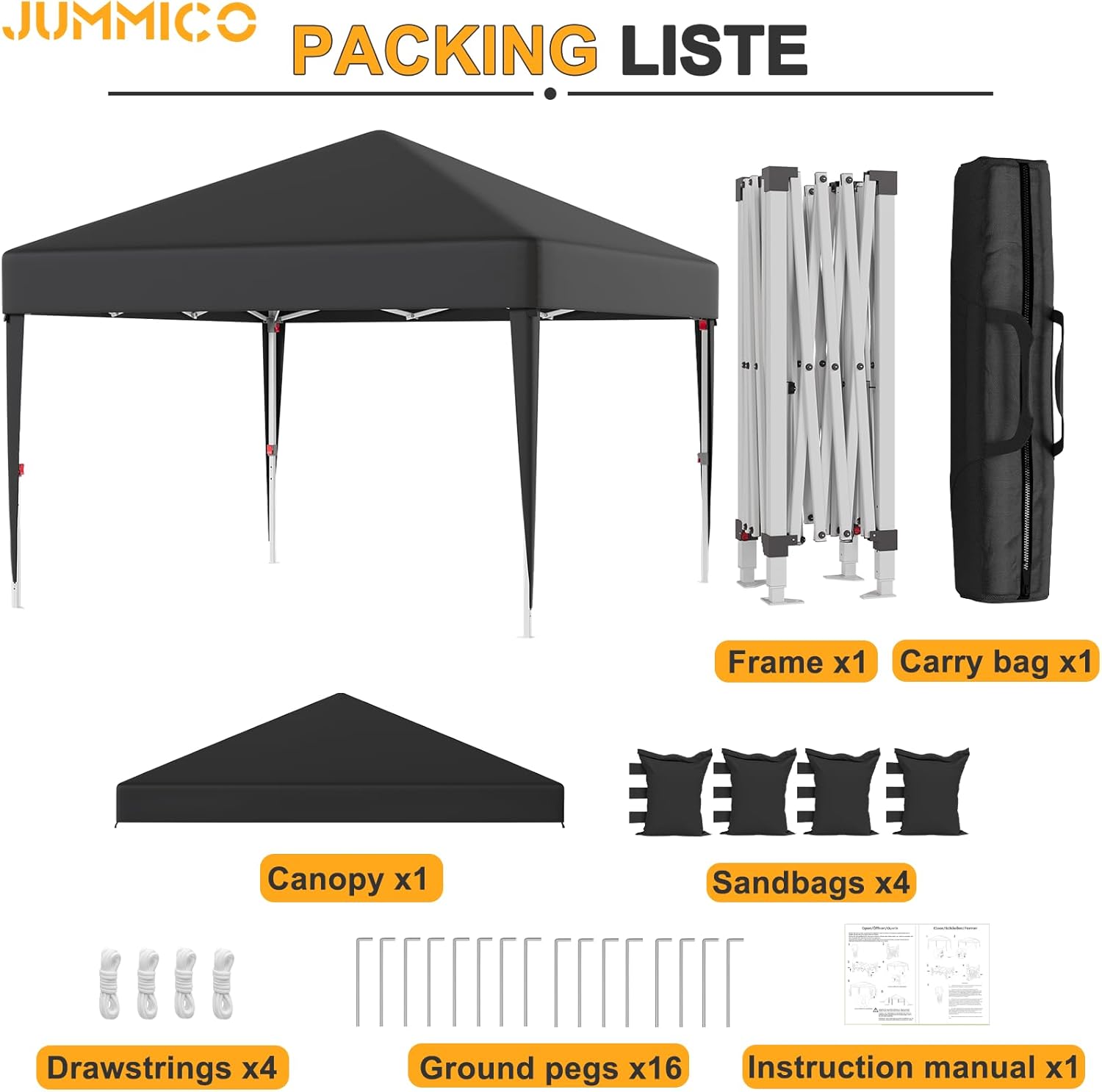 JUMMICO - tonnelle pliante - 3x3m - réglable, anti-UV, imperméable