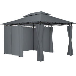 Grande structure de belvédère ou de pavillon extérieur présentée sous plusieurs angles, avec un auvent en tissu gris foncé et des rideaux à ossature métallique.