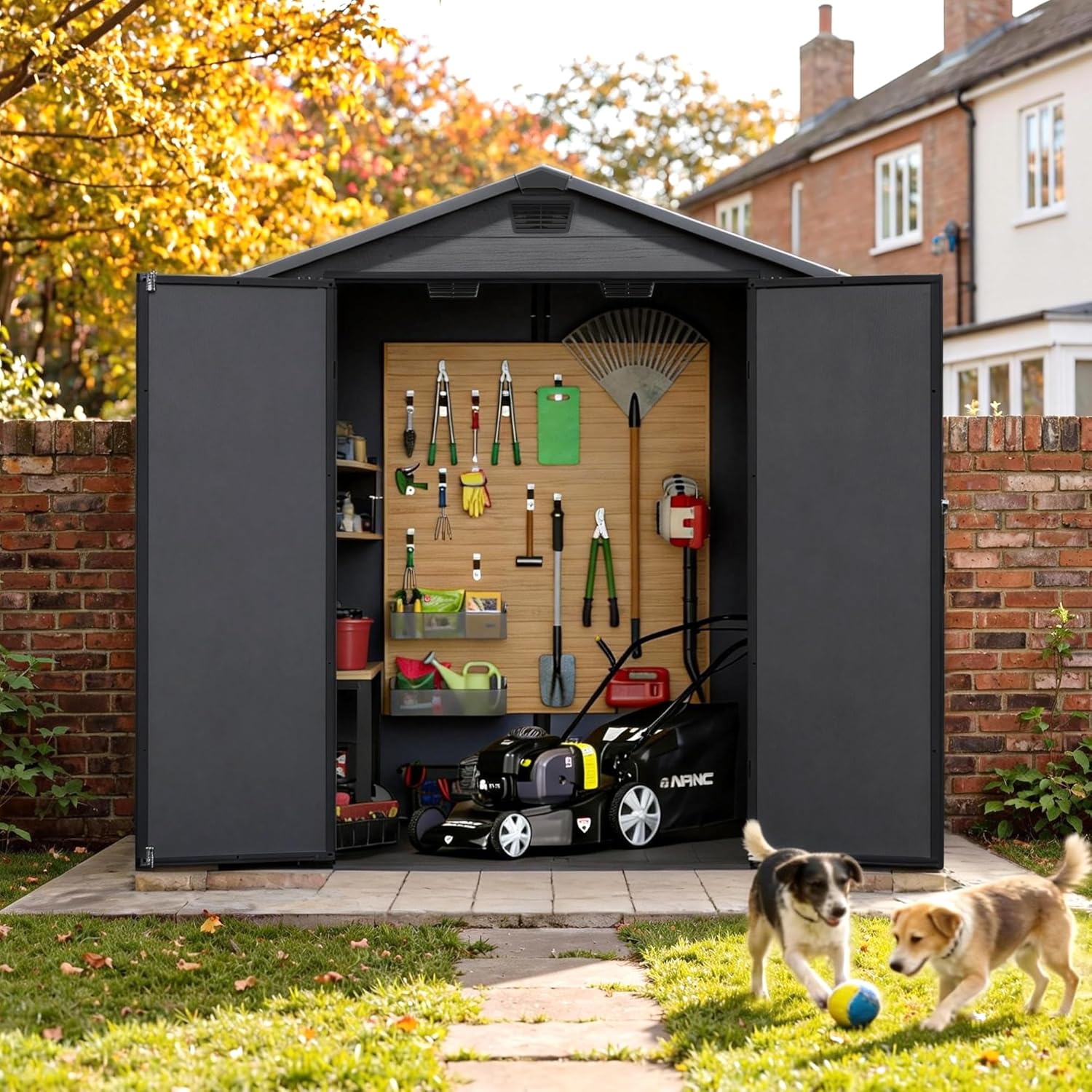 Devoko Abri de jardin extérieur en plastique avec double portes verrouillables et toit en apex – Abri de jardin pour outils de terrasse, abri pour vélo, poubelle – Résistant aux intempéries et à la