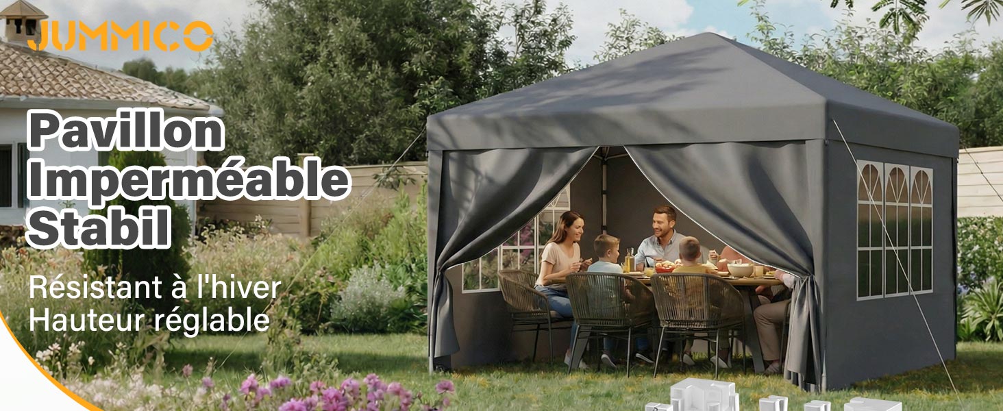 Le texte indique « Pavilion Imperméable Stabil» et « Résistant à l'Hiver Hauteur réglable ». Belvédère gris foncé avec côtés ouverts et moustiquaire exposée dans un jardin extérieur avec mobilier et éclairage.