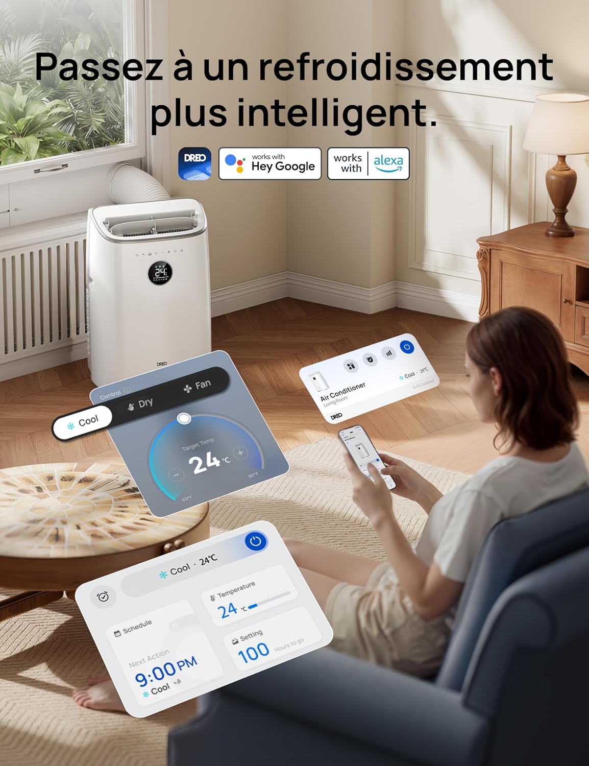 DREO - climatiseur mobile série AC318S - 7500 BTU, 3-en-1, silencieux, 2,5L/h, contrôle app/voix, kit fenêtre, AC318S