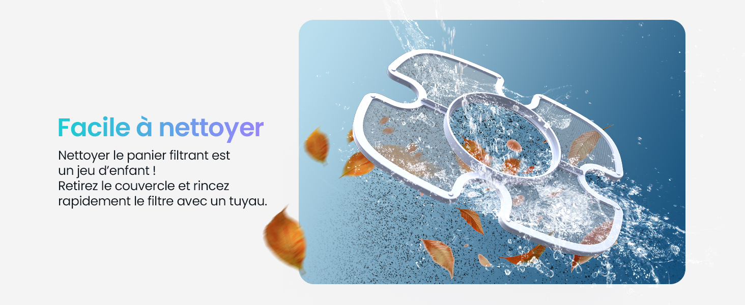 Le texte se lit comme suit : « Facile à nettoyer ». Schéma d'instructions illustrant le processus de nettoyage avec des gouttelettes d'eau et des indicateurs de mouvement de nettoyage.