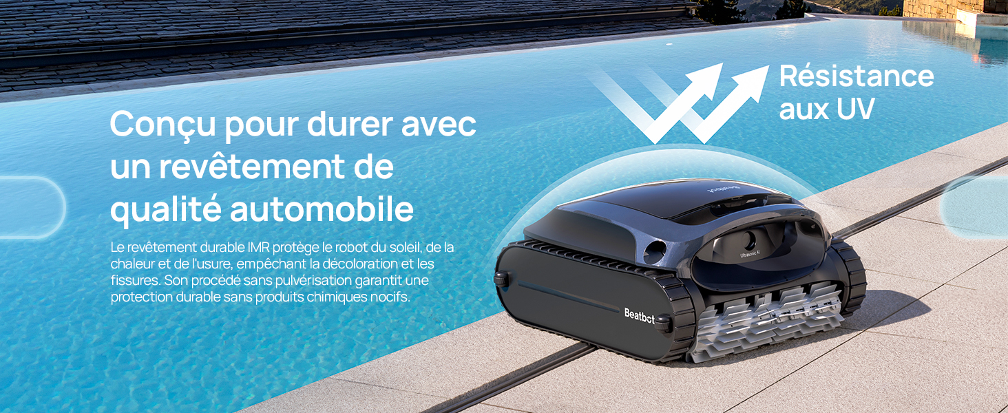 avec bandes de roulement sur le bord de la piscine bleue. L'appareil a un design noir élégant. Le texte mentionne la résistance aux UV et un revêtement de qualité automobile