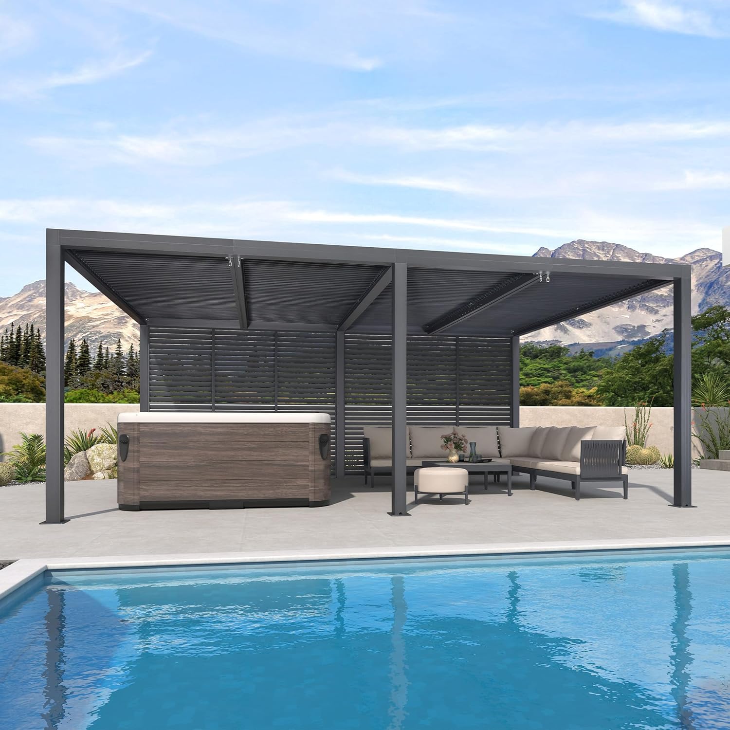 PURPLE LEAF - Pergola bioclimatique 6x3,68m alu, lames orientables, persienne fixe