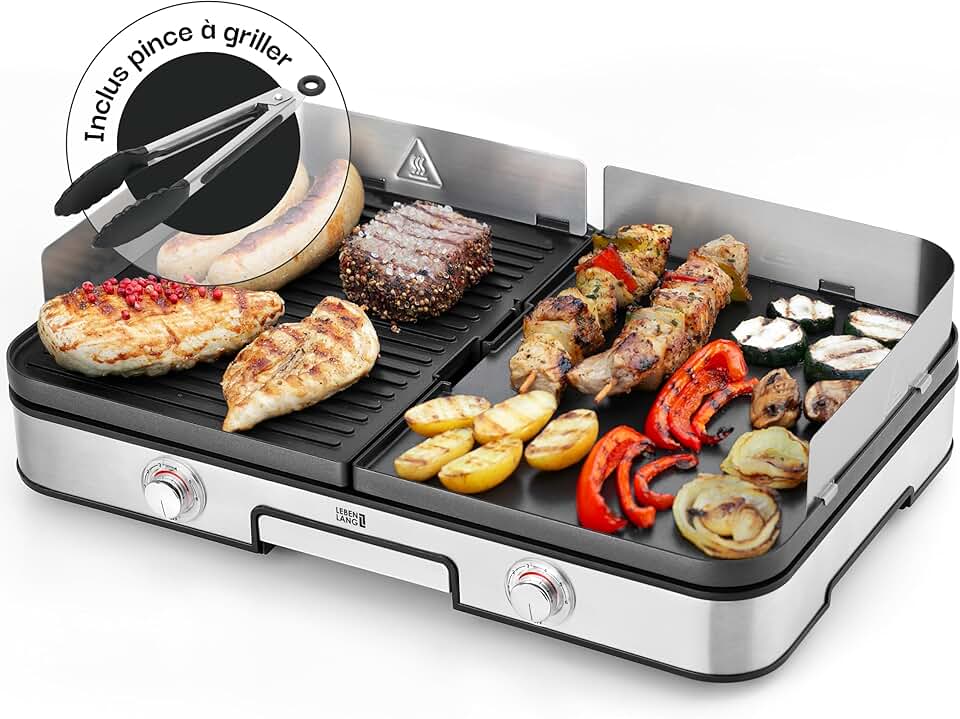LEBENLANG - plancha électrique inox - XXL - 2400W, pince barbecue, intérieur/extérieur, protection éclaboussures - LEBEN