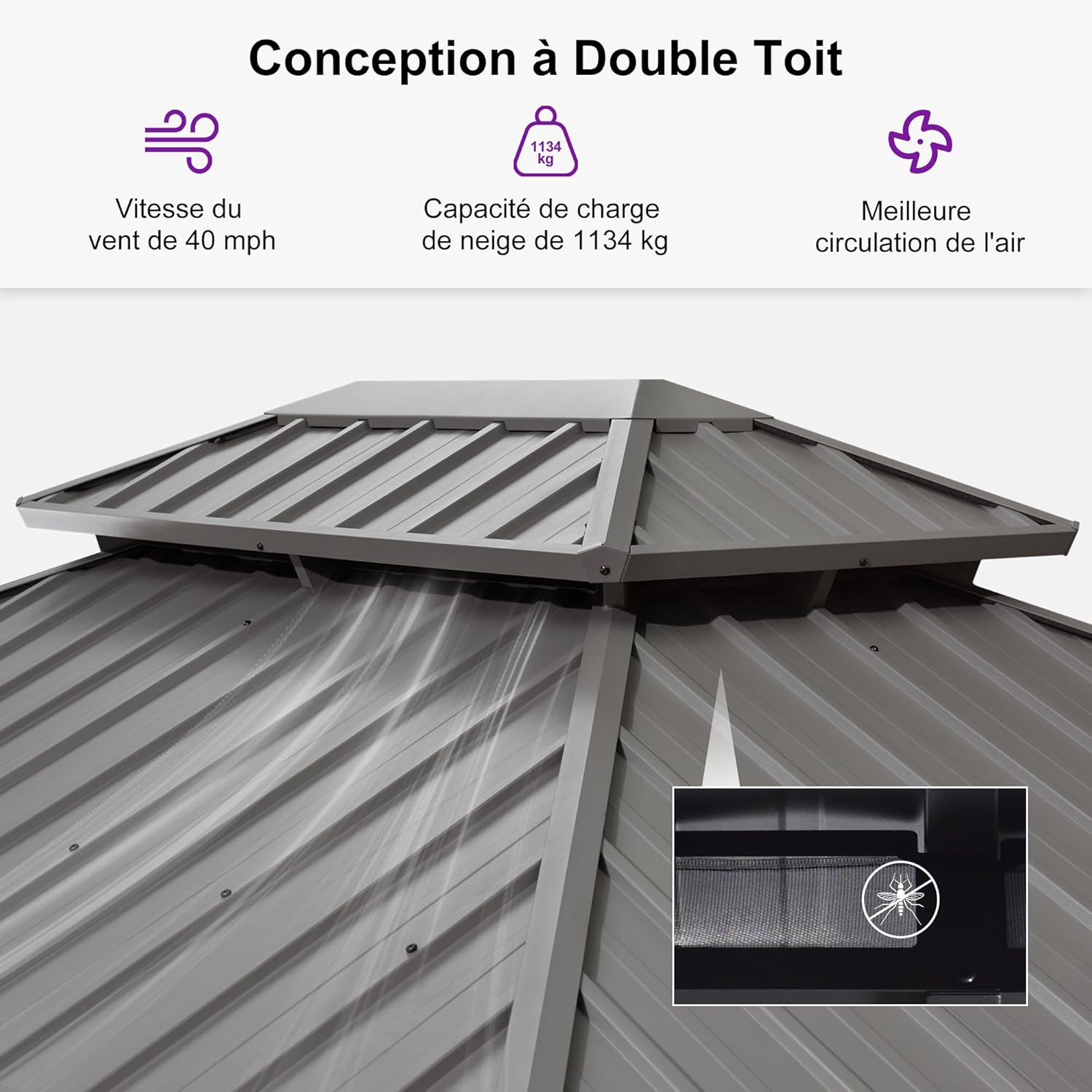 PURPLE LEAF - tonnelle double toit - 4,25x6m - alu, moustiquaire, rideaux