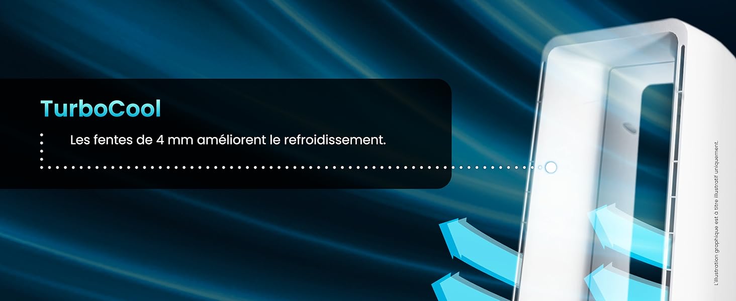 Réfrigérateur blanc avec éclairage intérieur bleu. Dispose de la technologie TurboCool, soulignée par des rayons bleus et une superposition de texte sur fond sombre