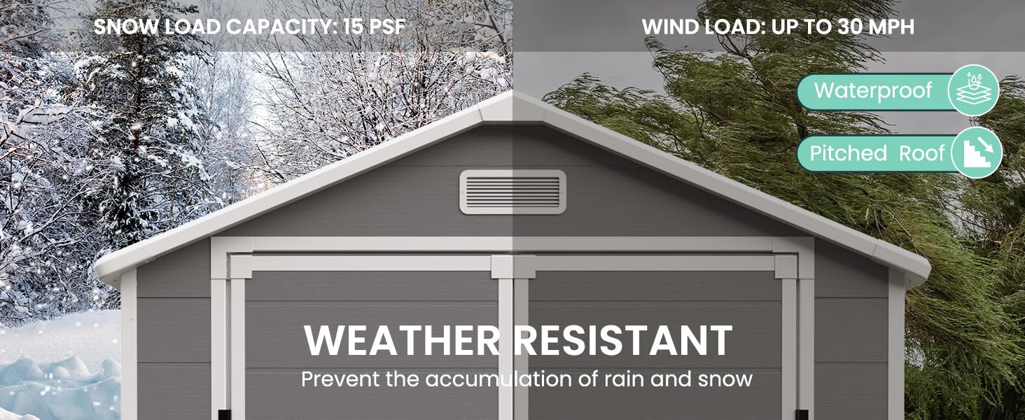 Le texte indique « RÉSISTANT AUX INTEMPÉRIES ». Extérieur d'une maison résidentielle dans un décor de neige en hiver avec graphiques de démonstration de résistance aux intempéries.