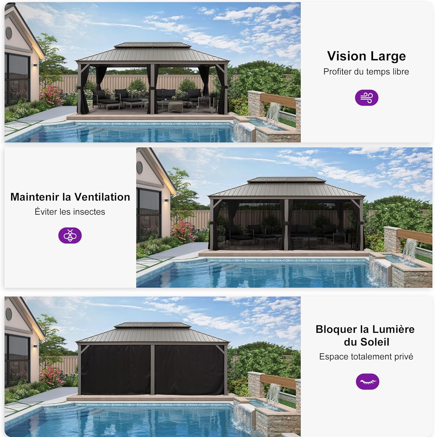 PURPLE LEAF - Pergola double toit aluminium 3,65x6m rideaux LED, Gris -
