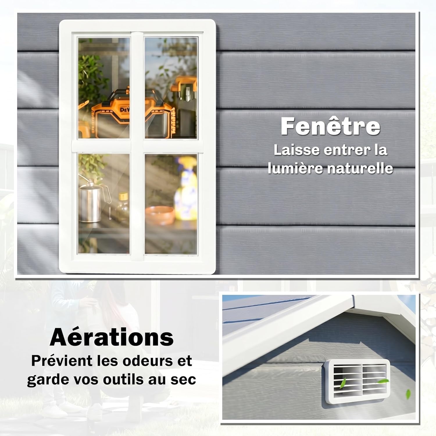 Outsunny - abri de jardin résine 2,12m², double porte, fenêtre, toit pente