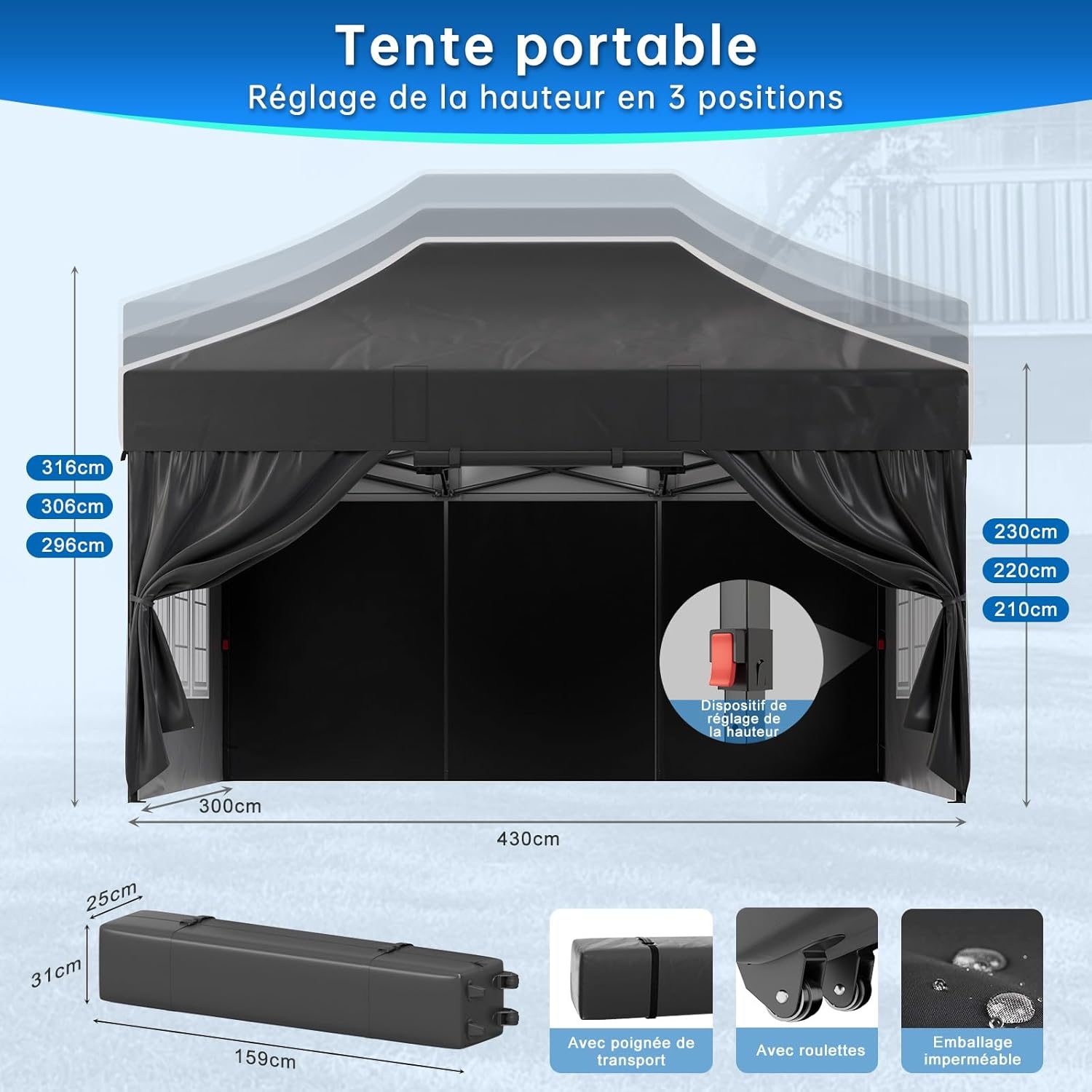 Devoko - Tonnelle série étanche - 3x4,5m - hiver, UV50+, hauteur réglable