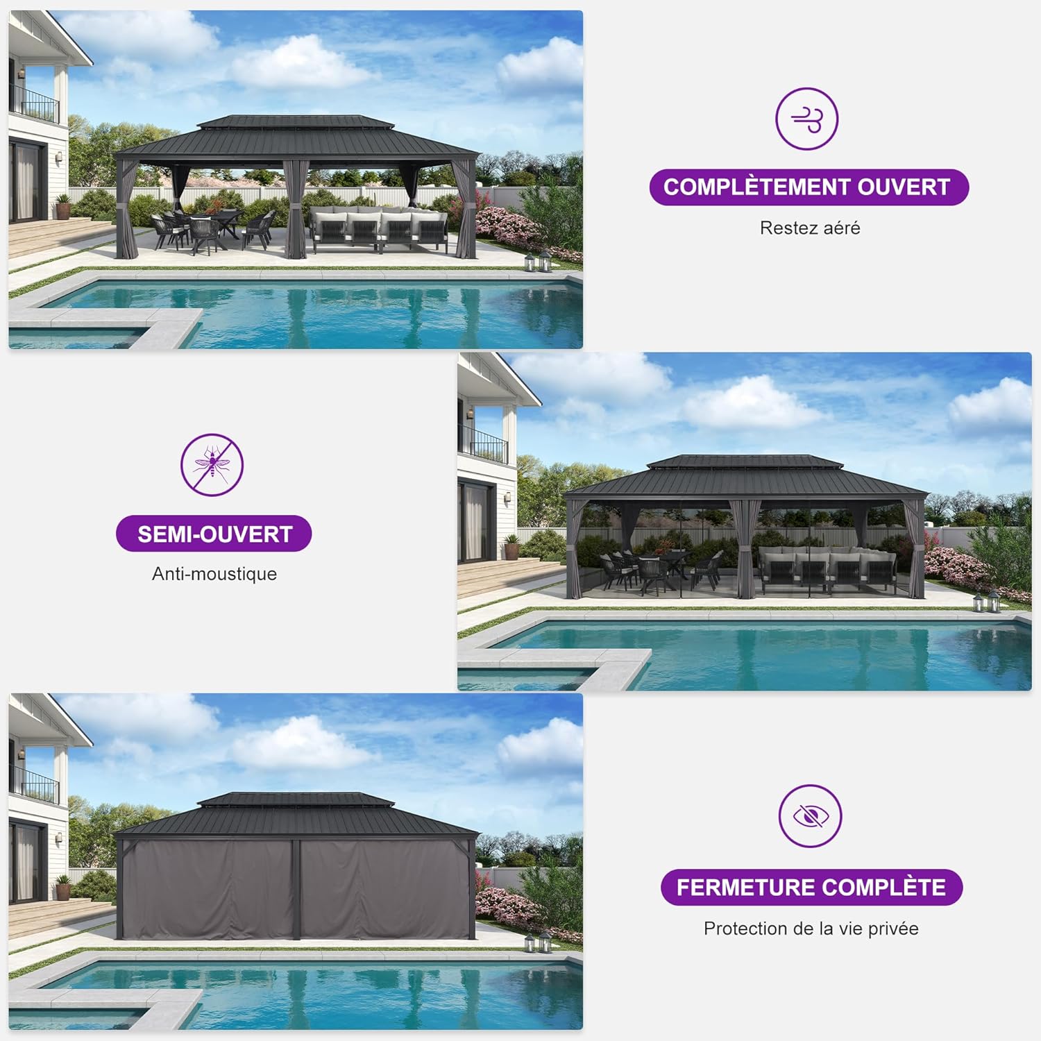 PURPLE LEAF - Tonnelle Jardin 7,32x4,25m - acier, rideaux, moustiquaire