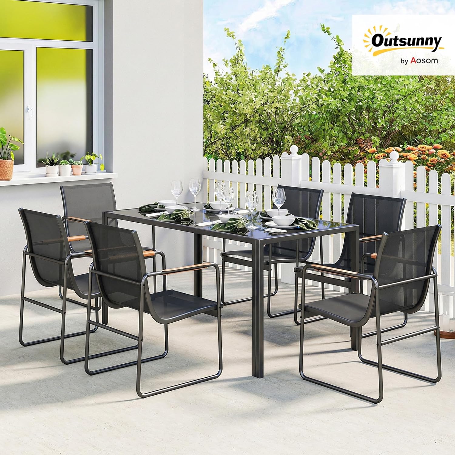 Outsunny - Ensemble salle à manger extérieur 7 pièces - table verre et chaises acier - pour 6 personnes - noir