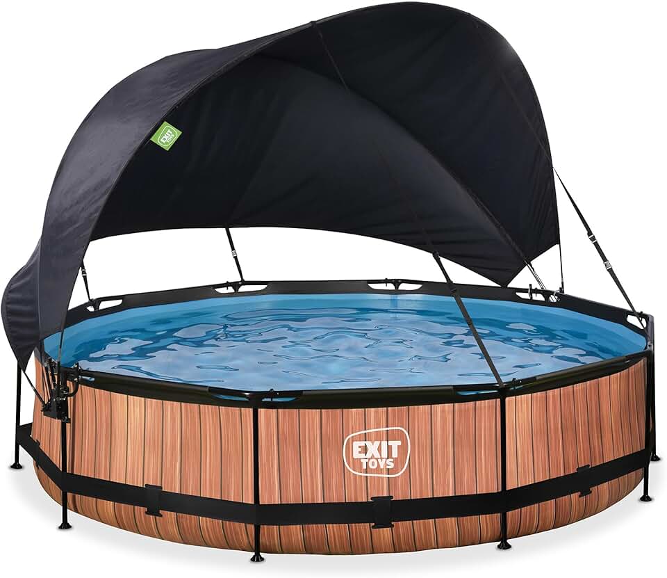 EXIT Toys Piscine Wood avec Voile d'Ombrage - ø360x76cm - Piscine Hors Sol Ronde avec Pompe Filtrante à Cartouche - Protection Optimale Contre Les Rayons UV - Entrée Basse - Design Unique - Marron
