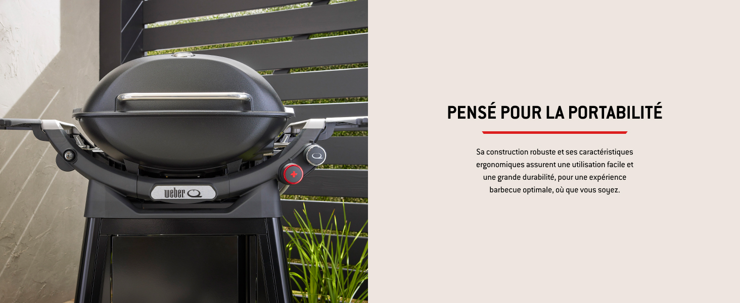 Le texte indique « PENSE POUR LA PORTABILITE ». Montre un gril électrique portatif avec poignée sur la surface extérieure.