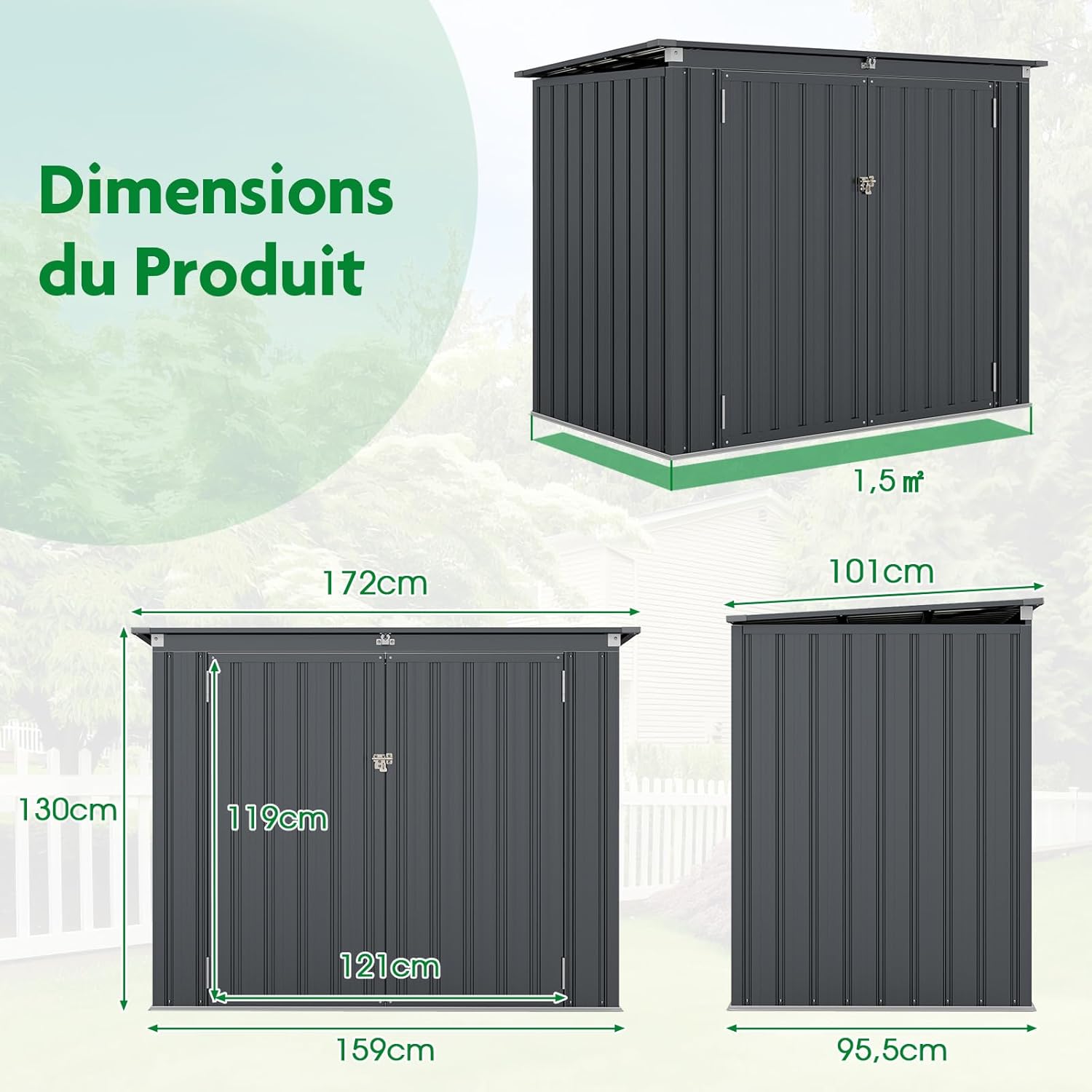 COSTWAY - Abri de Jardin métal - 1,5 m² - 2 portes, toit ouvrant, verrouillable, étanche