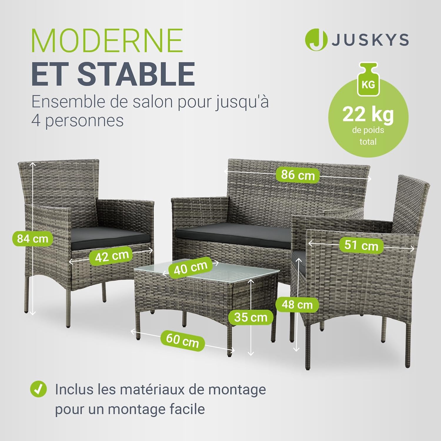 Juskys - Fort Myers salon de jardin 4 places, coussins gris, polyrotin