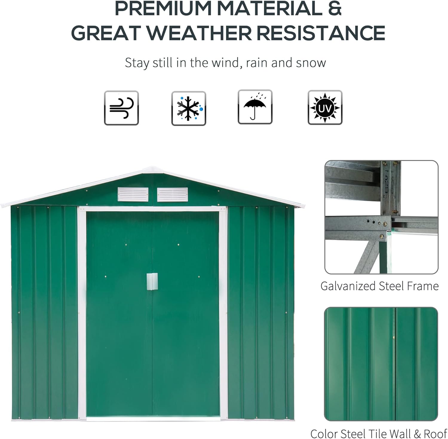 Outsunny Abri de Jardin en métal 2,77 m² cabane de Jardin 213 x 130 x 185 cm cabanon Rangement Outils avec kit de Fondation, Porte coulissante verrouillables et 4 aérations - Vert