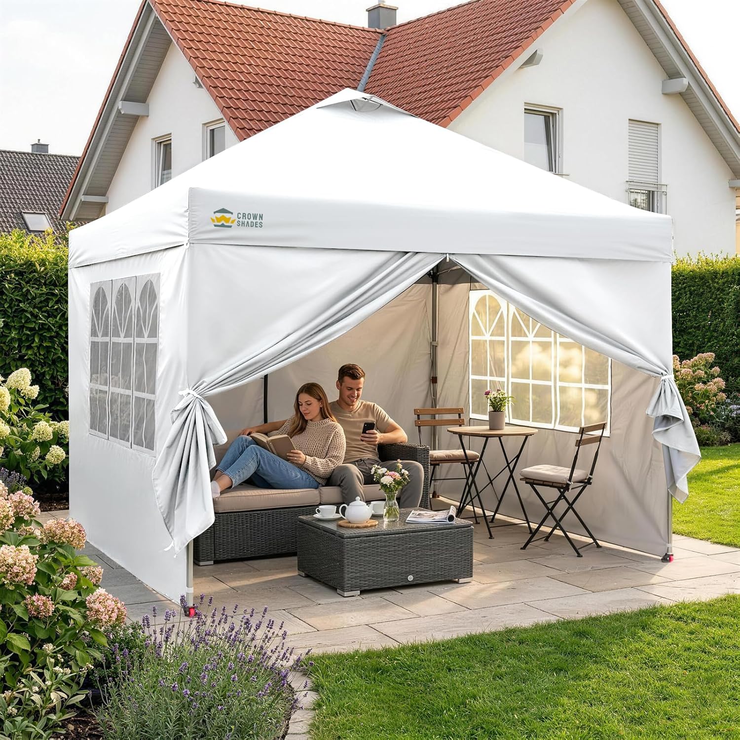 CROWN SHADES - Tonnelle Pliante - 3x3m - Imperméable, UPF 50+, 4 parois, sacs, blanc
