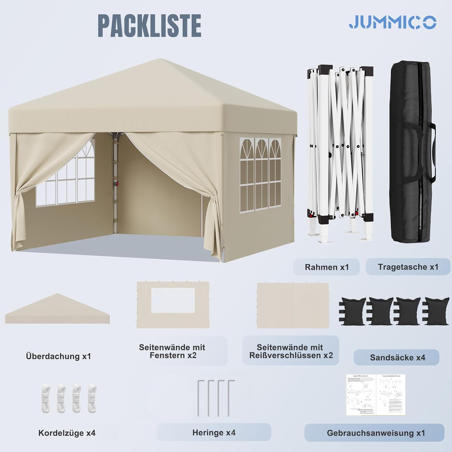 JUMMICO - tonnelle pliante série rapide - 3x3m - montage facile, hauteur réglable, étanche, coupe-vent