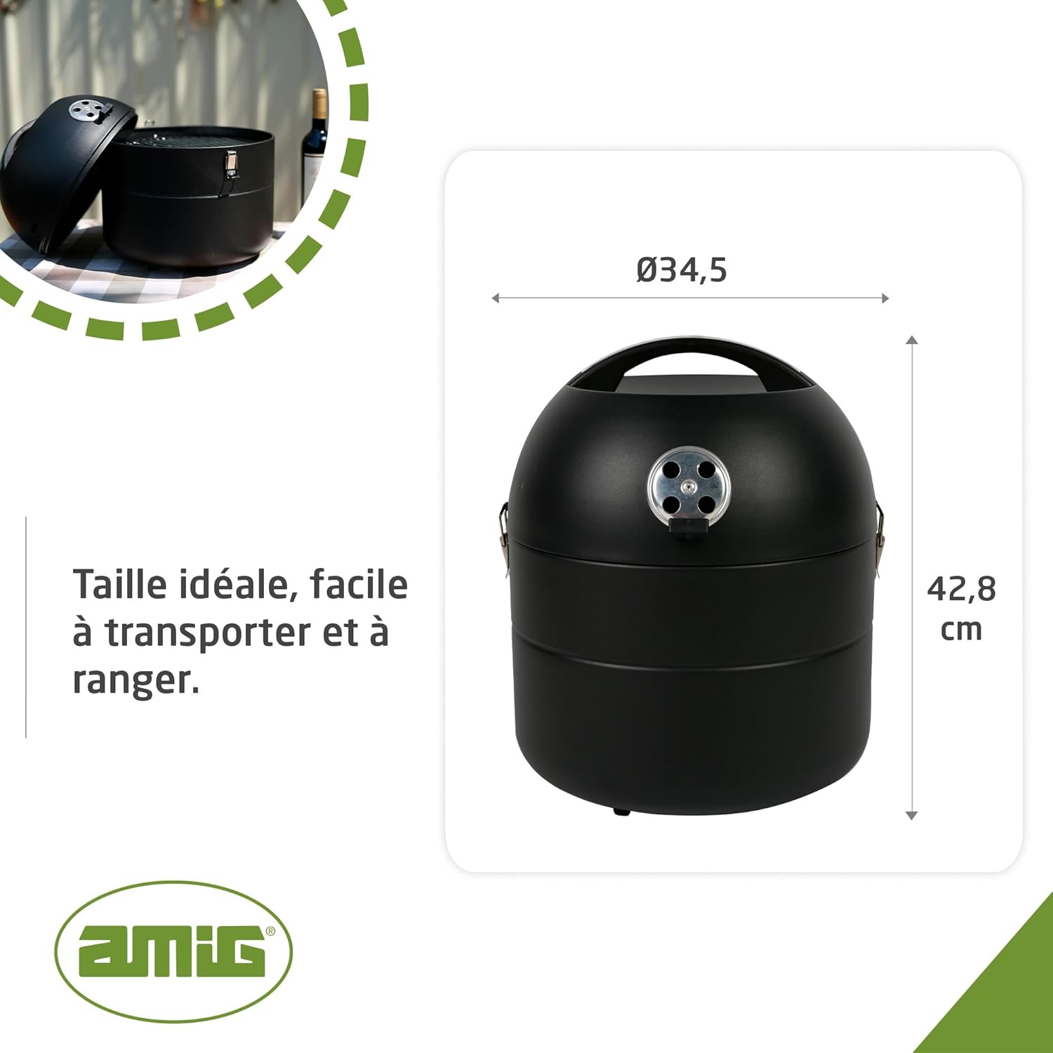 Amig - Fireplus barbecue portable, Ø34,5x42,8cm, grille Ø29cm, couvercle, ventilation