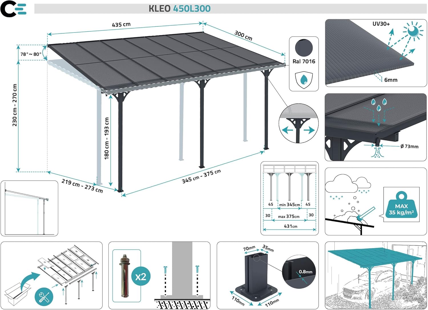 Cazeboo - pergola adossée KLEO - 435x300 cm - alu, toit polycarbonate, résistant UV, gris anthracite KLEO