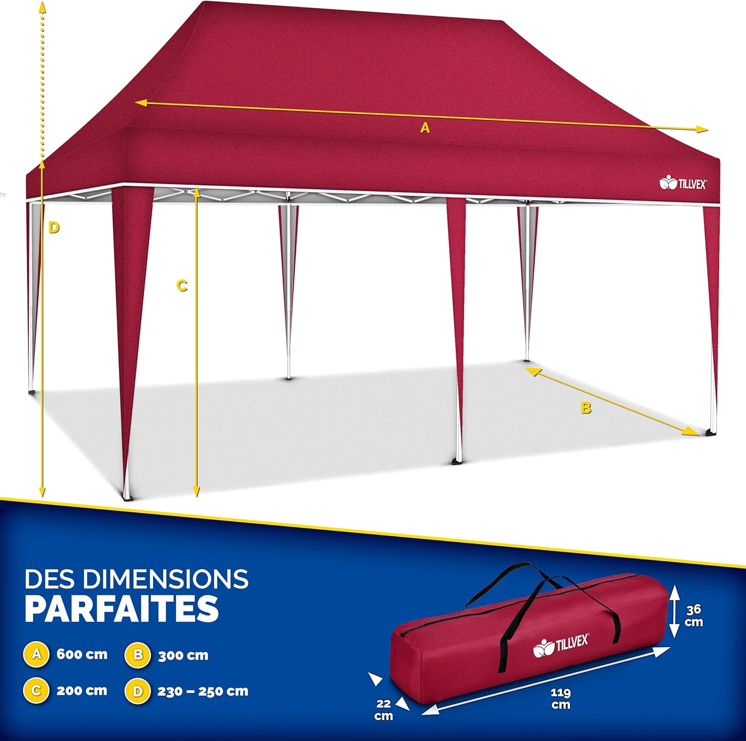 Tillvex - Tonnelle de jardin pop-up, étanche, pliable, réglable 3x6 m, UV 50+ avec sac - ROUGE.