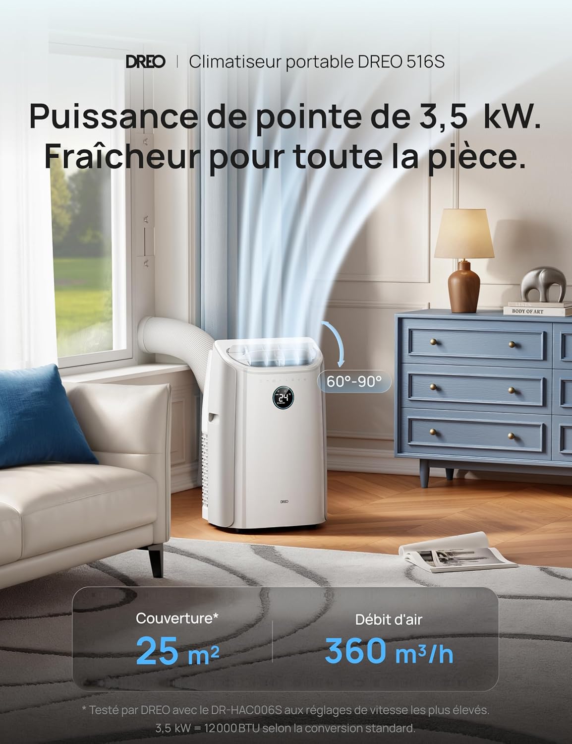 DREO - climatiseur mobile 12000 BTU, 3-en-1, silencieux, app/voix, 3.2L/h, AC516S