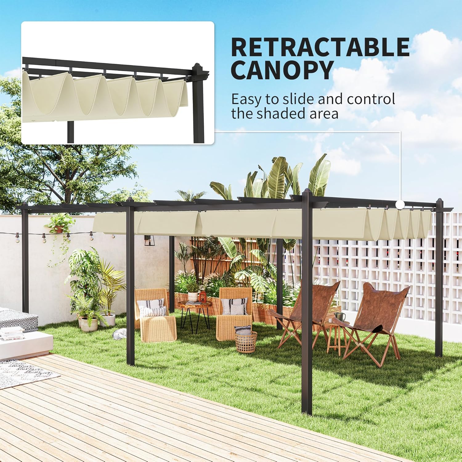 Outsunny - Pergola 3,6x6m - aluminium, toile rétractable, beige