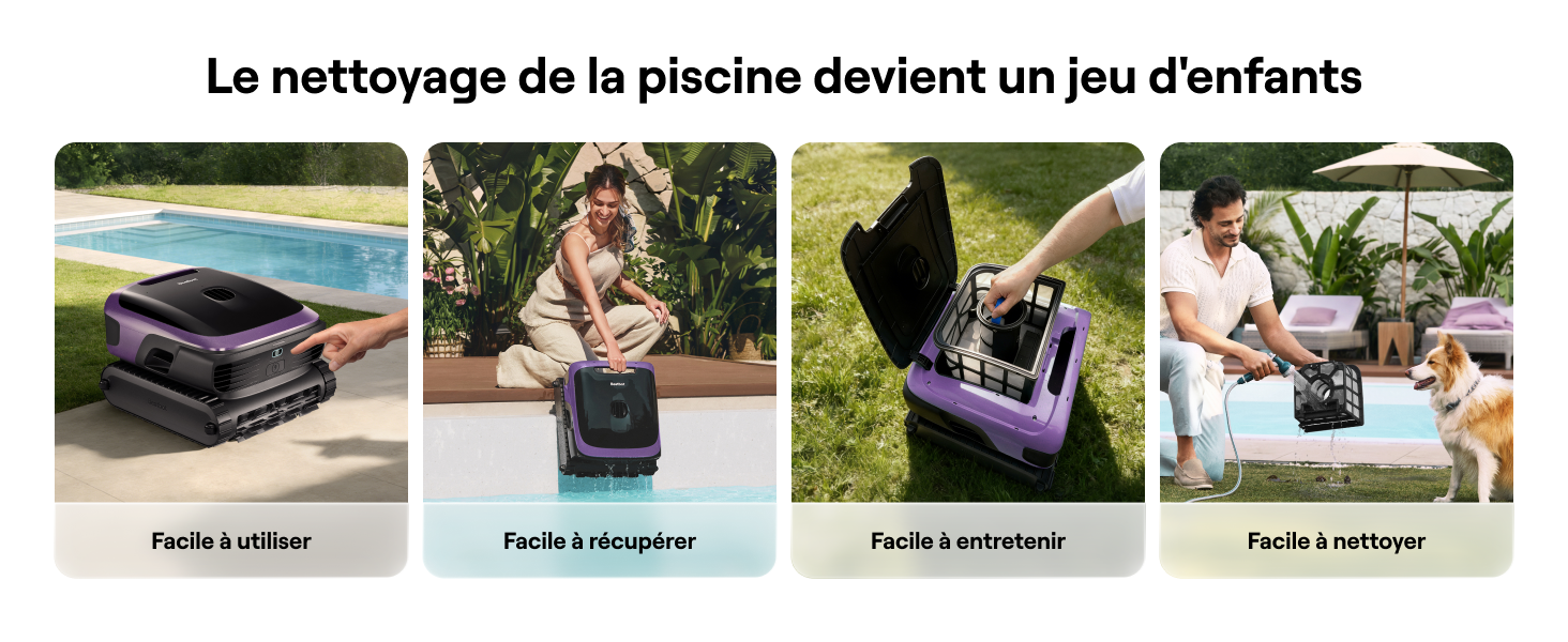Le texte se lit comme suit : « Le nettoyage de la piscine devient un jeu d'enfants ». Quatre panneaux montrant le robot nettoyeur de piscine en cours d'utilisation.