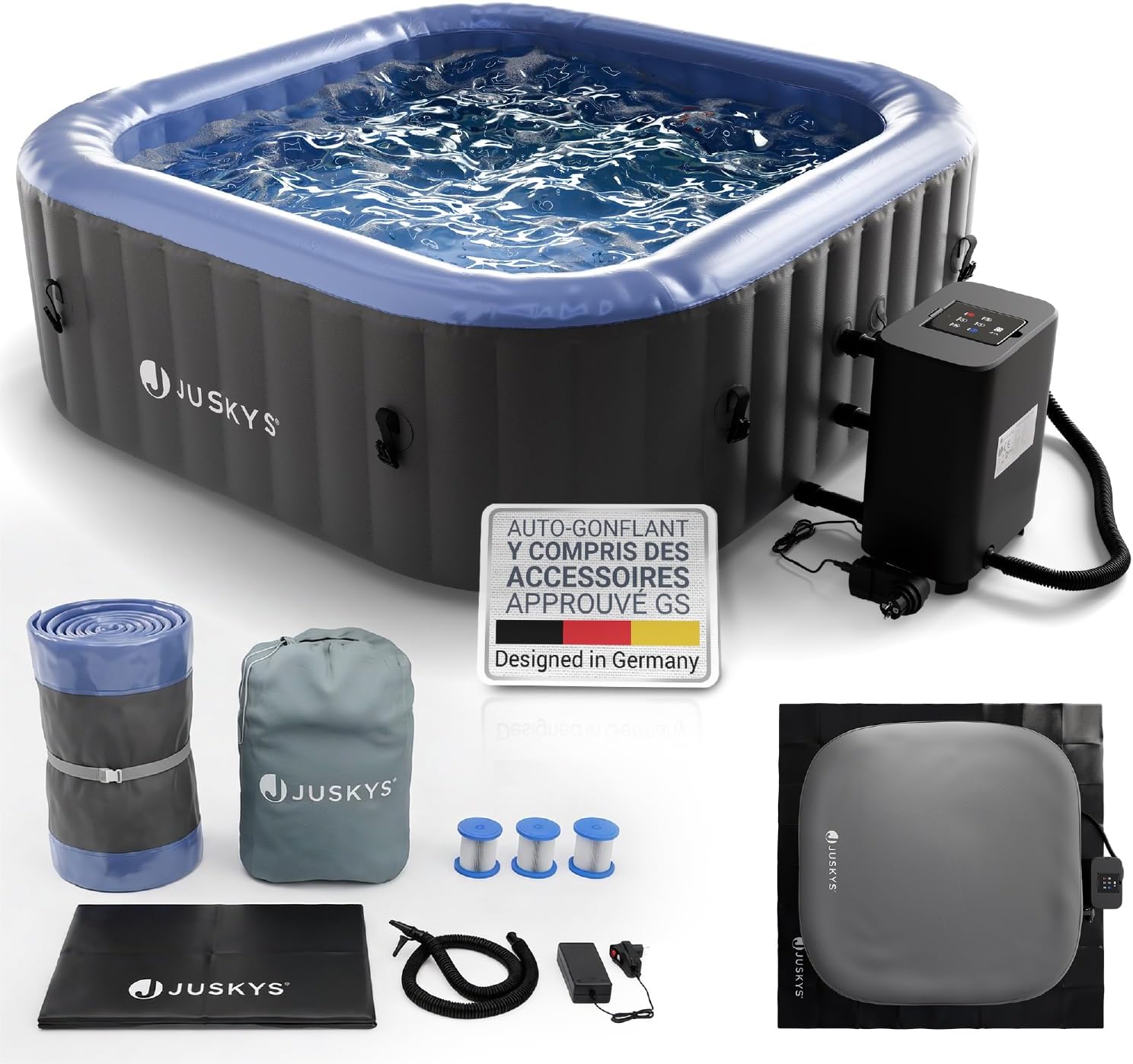 JUSKYS® Bain à remous SpaLuxe – Structure extérieure, 130 Buses, Puissance Totale 3000 W, modèle Gris/Bleu