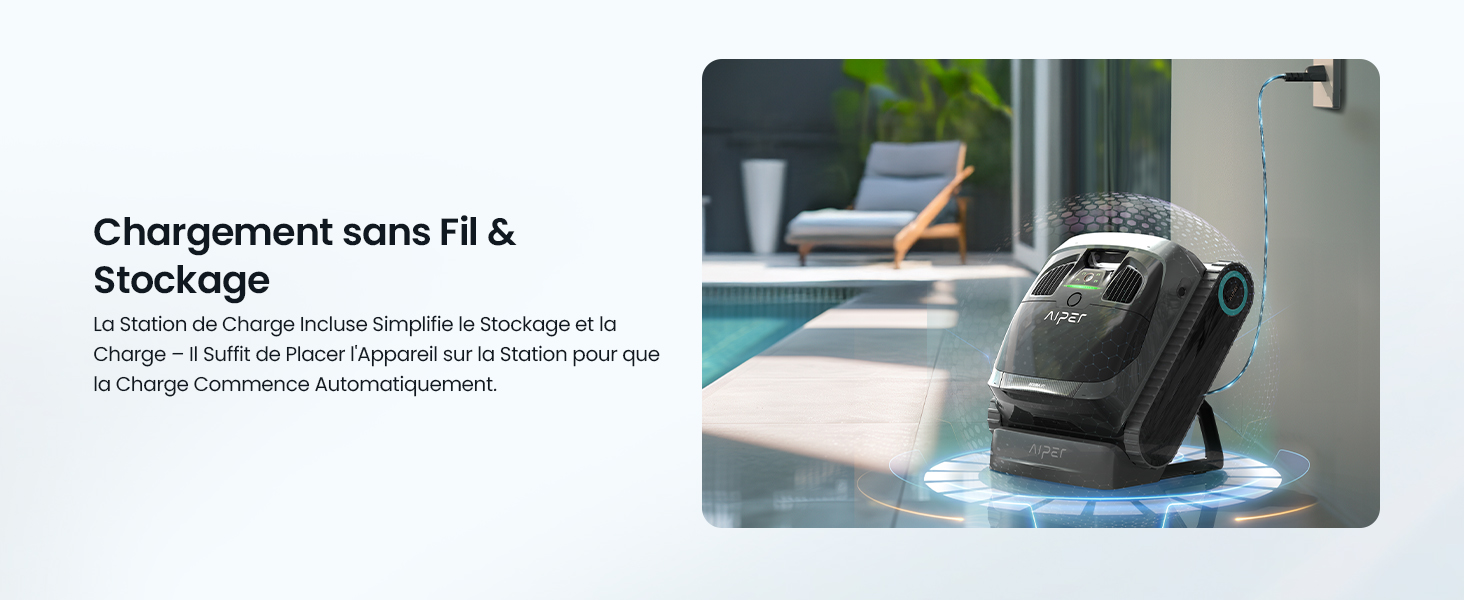 Le texte indique « Chargement sans FIL & Stockage » (Chargement et stockage sans fil). Image en panneau divisé montrant le dispositif de recharge sans fil en extérieur et les détails du compartiment de rangement.