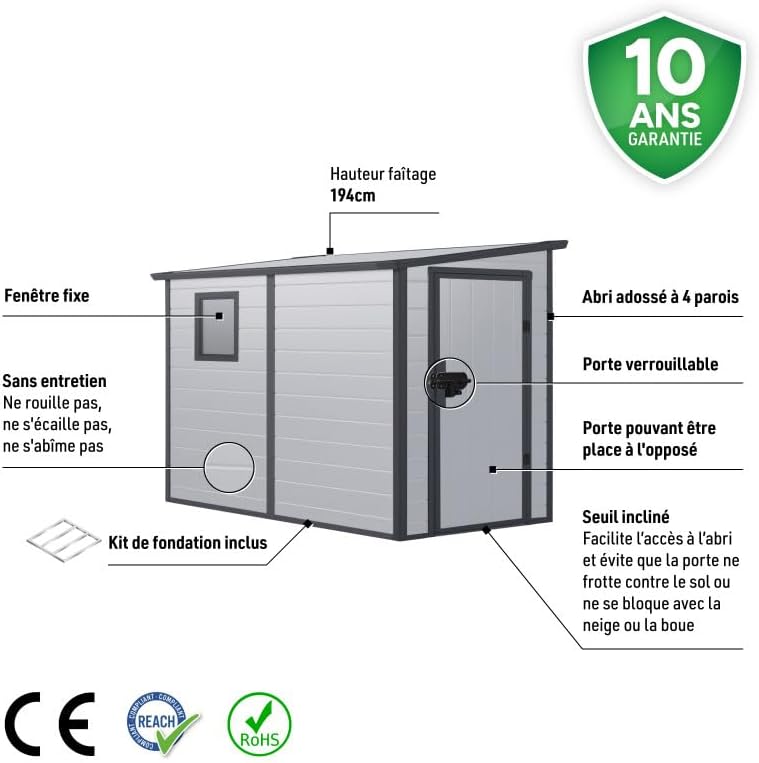 Jôbu Abri de Jardin Adossé en Résine 3,55m² | Gris Clair avec Fenêtre et Aération | Kit de Fondation Inclus | Structure Acier Galvanisé