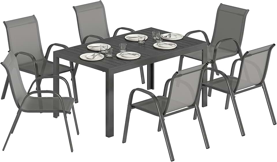 Outsunny - Salon de jardin extérieur 7 pcs - 150cm - table à lattes, acier antirouille, 6 chaises empilables, gris clair