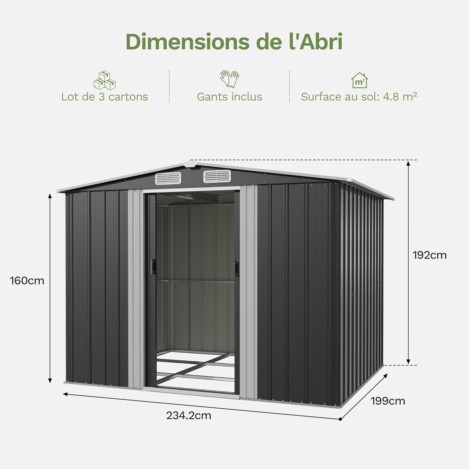 Devoko Abri de Jardin Métallique 8x6ft, Grand Rangement Extérieur pour Outils, Vélos et Poubelles, Toit Penté et Ventilation Inclus, Résistant aux Intempéries, pour Jardin, Terrasse et Pelouse, Noir