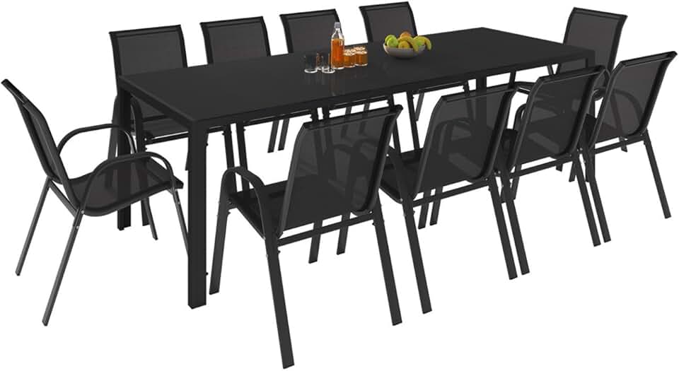 IDMarket - Salon de jardin Madrid 240 cm, 10 chaises empilables, noir