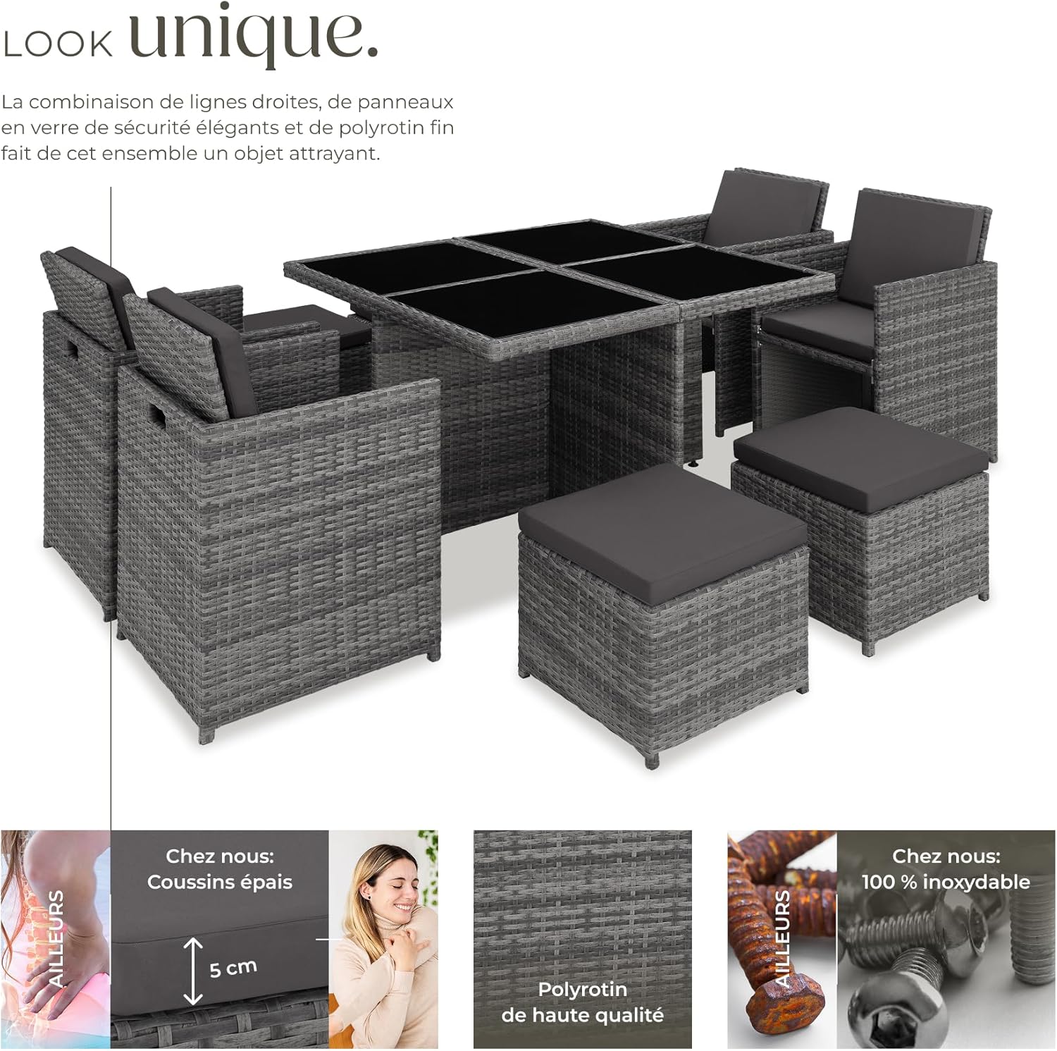tectake - Salon de jardin 8 places aluminium rotin gris, confortable